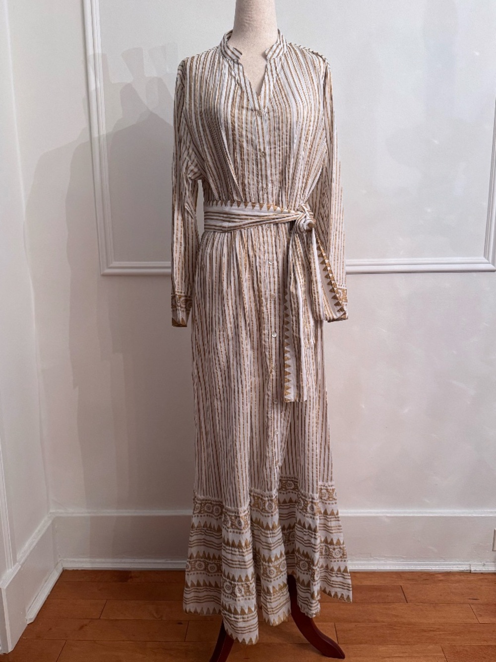 Pep's Cannes French Resort Dress Cotton Blockprint Tiered Belted Sz S/M NWOT